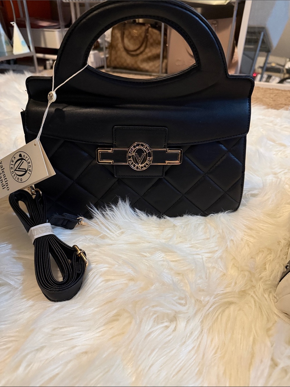 Valentino Orlandi Black Quilted Top-Handle Satchel with Gold Emblem